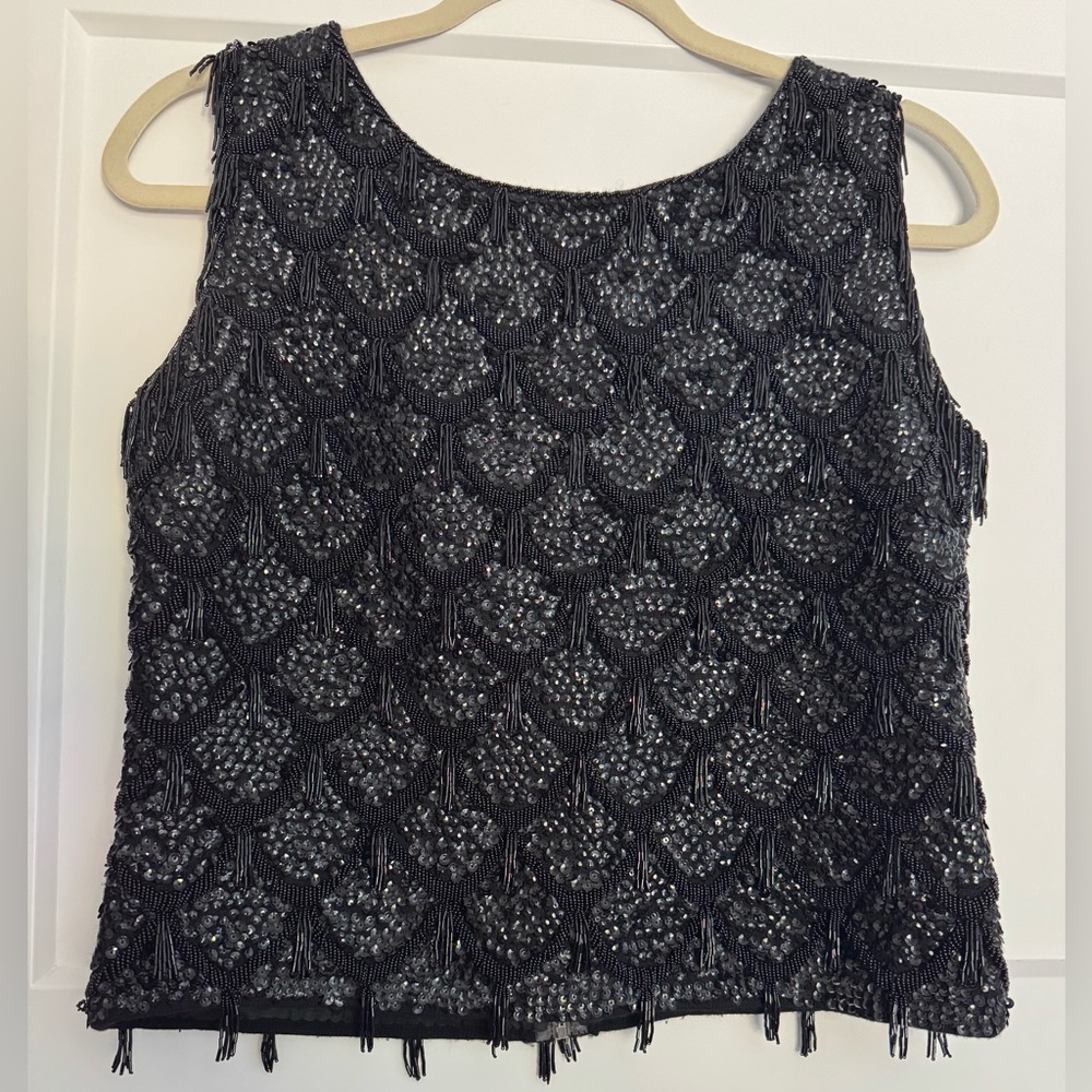 Vintage Black bead sequin sleeveless top Made In British Crown Colony Hong Kong